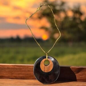 Black and Gold wood and stone Pendant Necklace